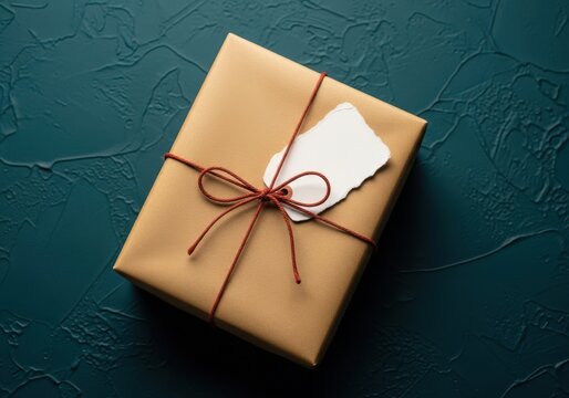 A beautifully wrapped gift box with a brown string and white tag on a dark green textured surface