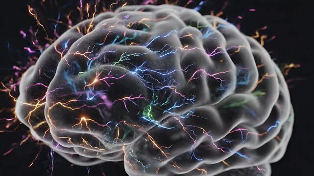 Brain Activity Illustration - A transparent 3D model of a human brain is shown with colorful light streaks running across and emanating from its surface.
