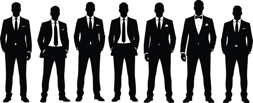Black Silhouette Group of Seven Elegant Men in Suits and One Groom in Tuxedo with Bowtie Standing on White Background