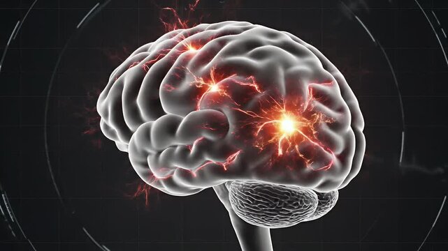Human Brain Activity Illustration - An illustration of a human brain with energy currents and electrical activity radiating from within. The brain is set against a dark background.