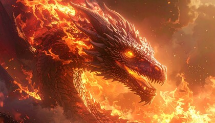 Fototapeta premium Fierce Dragon Head with Flames and Fire.