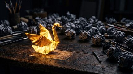 Obraz premium A glowing golden origami swan taking flight from a desk of crumpled dark paper balls, a beautiful metaphor for iteration, failure, and ultimate success.
