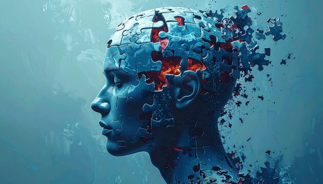 Double Exposure Human Head with Fragmented Thoughts.