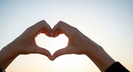 Obraz premium Hands forming heart shape against bright sunrise sky outdoors