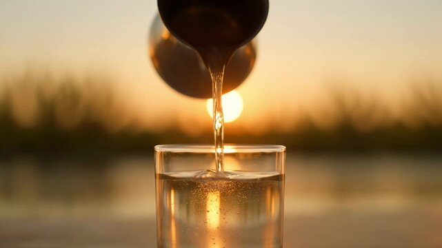 Clear water being gently poured into a glass during sunset, illuminated by warm golden hour light. The soft reflections and natural glow create a calm and refreshing atmosphere, symbolizing purity, hy