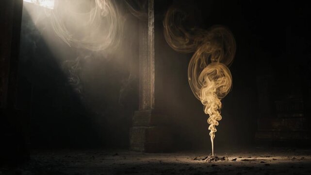 一筋の光芒に照らされる神々しい煙の映像