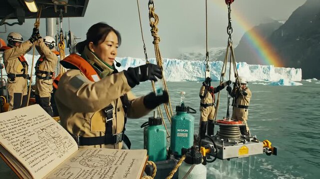 Scientists Collecting Water Samples From Glacial Waters With Rainbow in Background