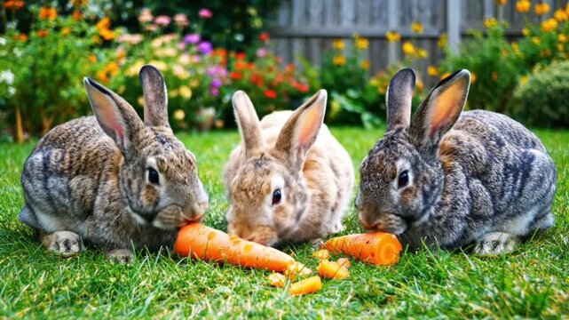 An endearing trio of fluffy rabbits happily munching on fresh, vibrant carrots amidst lush green grass and blooming flowers in a sunlit garden, showcasing natural charm and simple joys