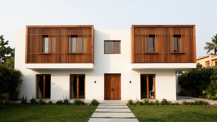 Fototapeta premium Modern minimalist twin residential house exteriors set against a lush green landscape, perfect for contemporary suburban real estate and architectural concepts.