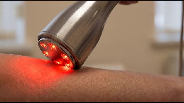 Close-Up of Red Light Therapy Device spot torch on Skin Surface for Therapeutic Treatment and Skin Rejuvenation Using Infrared Technology. Video made using Generative AI.