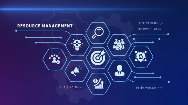 Efficient resource management and business asset allocation concept with digital planning icons.
