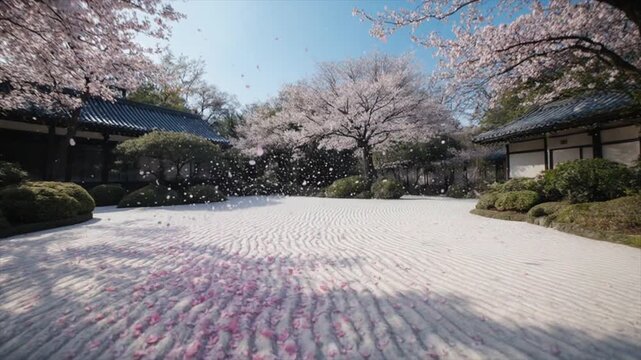 桜の花びらが舞い散る春の枯山水庭園ループ動画