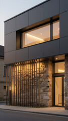 Fototapeta premium Stunning multi-story modern luxury house exterior design featuring glowing interior lights at twilight, perfect for showcasing high-end contemporary real estate.