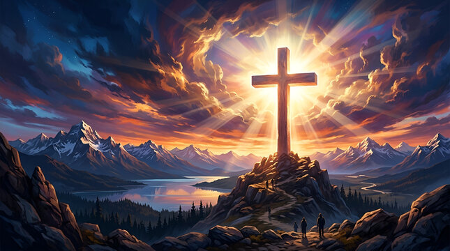 cross in clouds symbol of the death and resurrection , copy space for text.