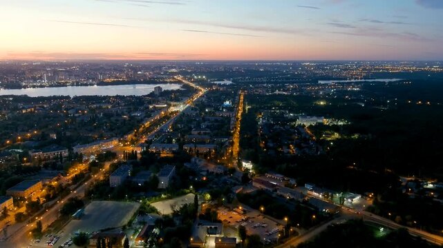 Lipetsk, Russia. Prospekt Mira. Left Bank District. Time after sunset. Night. Drone footage
