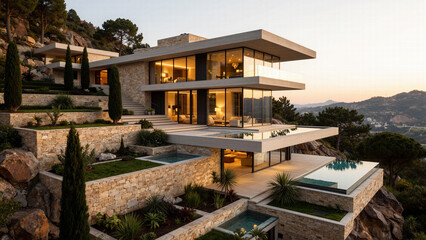 Fototapeta premium Luxury modern hillside house exterior design featuring expansive glass windows and stone elements, situated on a rugged mountain terrain under a warm sunset sky.
