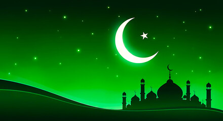 Islamic eid background with mosque silhouette, crescent moon, and stars