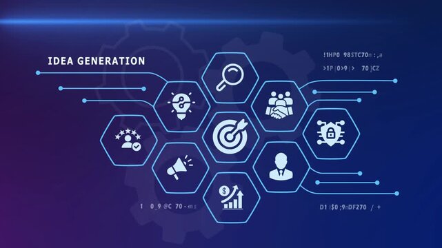 Creative idea generation concept with glowing lightbulb icon and digital business strategy symbols.