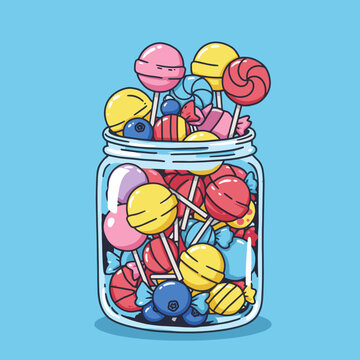 Colorful assortment of lollipops in a jar against a bright blue background