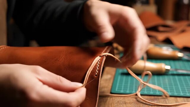 Hands stitching leather with thread.