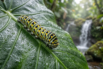 Fototapeta premium Photorealistic extreme macro of a vibrant colorful caterpillar crawling on a wet green leaf with dew drops, against a blurred tropical waterfall background.