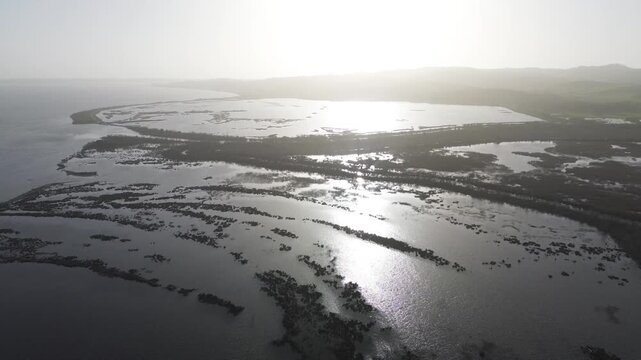 Cinematic aerial drone shot of the Amvrakikos Gulf wetlands in Greece. Flooded delta plains and lagoons reflecting bright sunlight. Perfect for nature and travel documentaries.