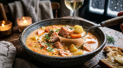 Close up of creamy salmon soup
