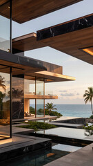 Fototapeta premium Tall contemporary residential architectural design featuring vertical wooden elements and large glass windows glowing brightly against a beautiful twilight sky.