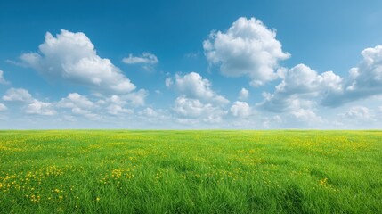 Obraz premium Vibrant Green Meadow Under a Bright Blue Sky with Fluffy White Clouds on a Sunny Day