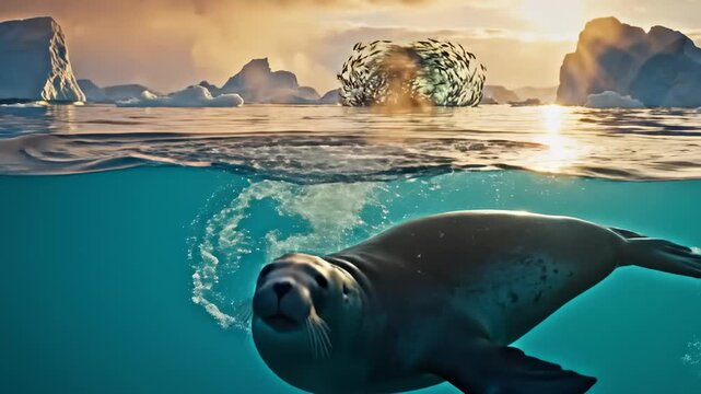 Seal Swimming Underwater in Arctic Ocean With Icebergs and Sunset Sky