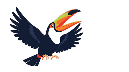Fototapeta premium Colorful tropical toucan bird with a large yellow and orange beak flying with wings spread wide.