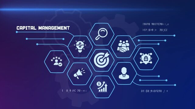  Professional capital management and asset allocation concept showing icons for financial stability, investment strategy, and corporate wealth.