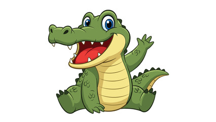 Naklejka premium Friendly green crocodile sitting and waving its hand with a wide toothy smile, isolated on a plain white background.