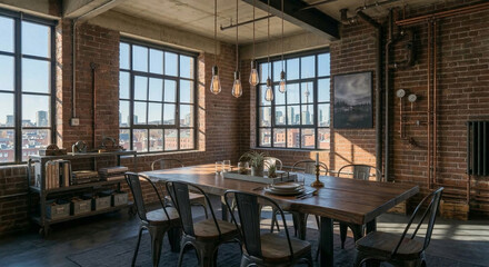 Fototapeta premium Modern industrial dining area with wooden table and metal chairs