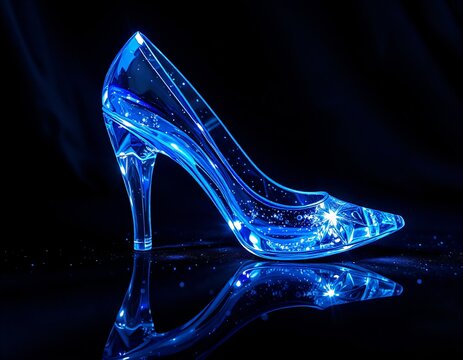 Glowing blue crystal glass high heel shoe on black background, luxury fantasy concept
