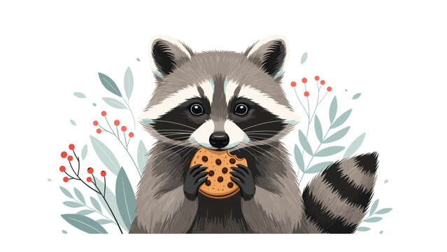 Adorable raccoon with its characteristic mask holds and eats a chocolate chip cookie in front of soft green leafy foliage.