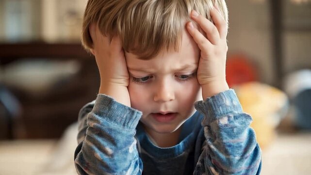 Captured Worry: A young child displays a poignant expression of concern, captured with intimate detail, communicating a universal experience of childhood worries.