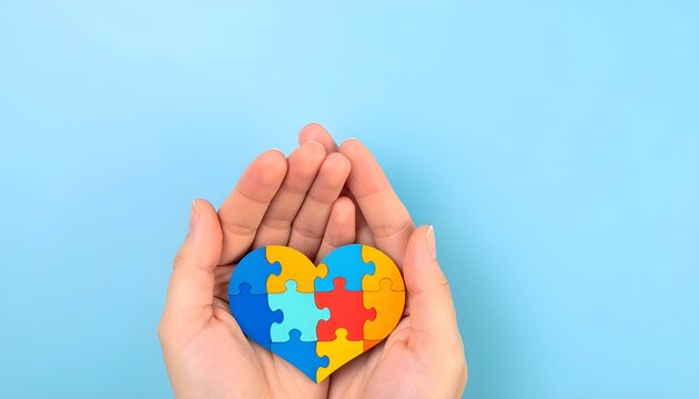 Autism Awareness Symbol with Caring Hands Holding Puzzle Heart for Inclusion and Understanding