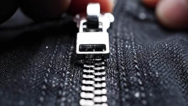 Close-up of a metal zipper on fabric.