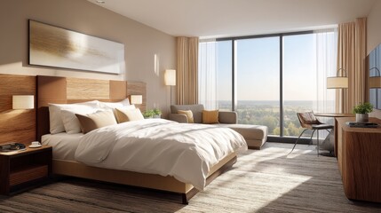 Fototapeta premium Modern hotel room interior with large window and comfortable furnishings overlooking scenic view of nature