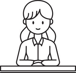 Obraz premium Hand Drawn Woman Sitting at Desk Black and White Avatar Illustration in Minimal Line Art Style Design