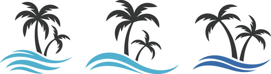 Tropical palm trees and ocean waves vector icon set, summer beach vacation and island travel logo design © Al
