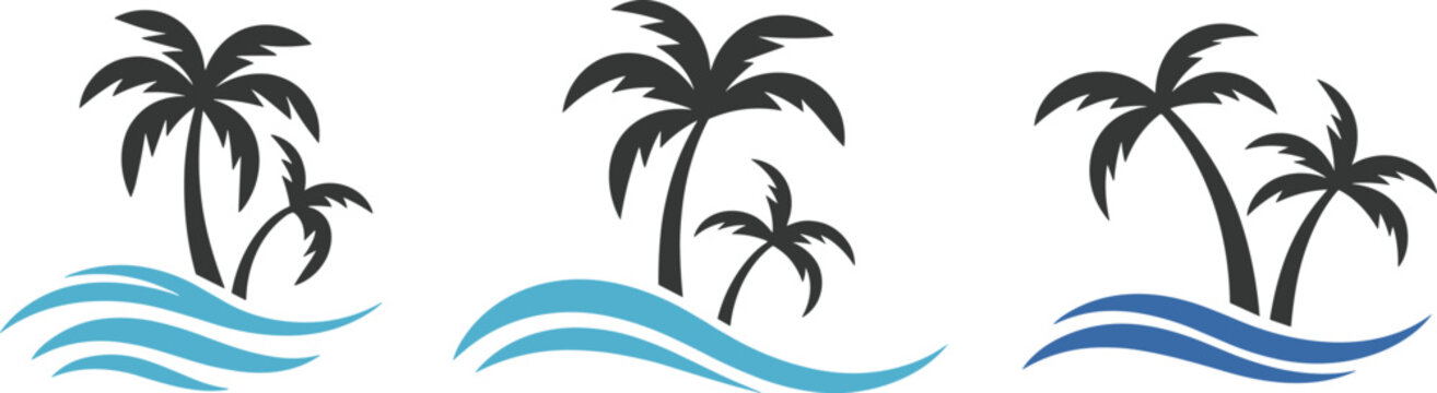 Tropical palm trees and ocean waves vector icon set, summer beach vacation and island travel logo design