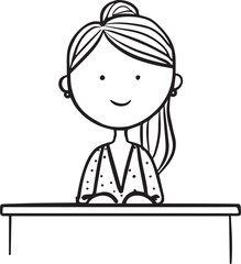 Obraz premium Hand Drawn Woman Sitting at Desk Black and White Avatar Illustration in Minimal Line Art Style Design