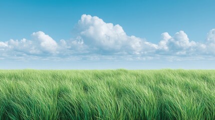 Lush Green Grass Under a Bright Blue Sky with Soft White Clouds - Serene Natural Landscape Scene for Relaxation