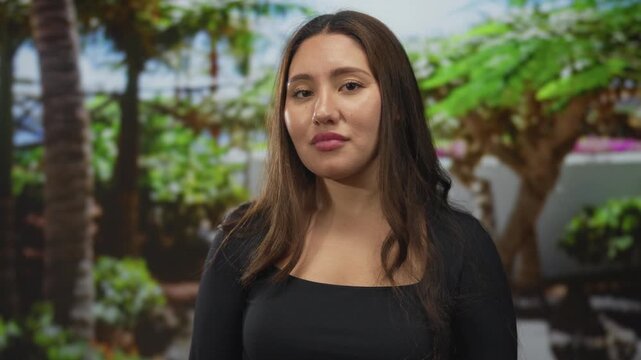 Young hispanic woman raises hands near shoulders and glances sideways in green park with palm tree behind her; confusion.