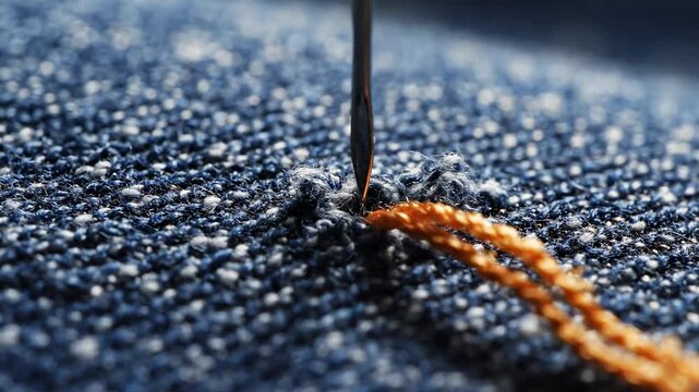 Close-up of sewing needle and thread on denim fabric.