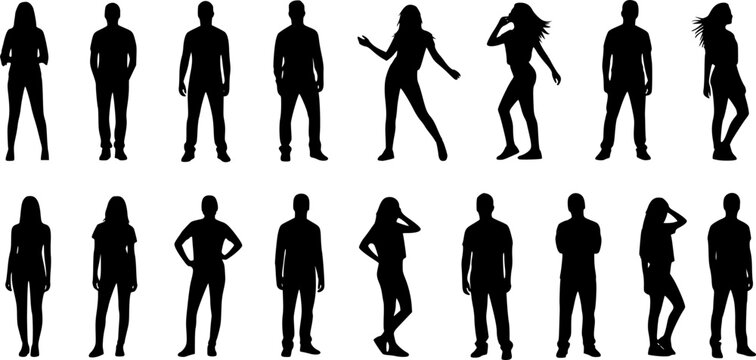 Vector silhouettes man and women, illustration. Silhouettes of young people posing in casual clothes. Transparent background EPS version.