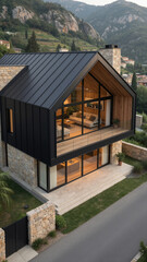 Fototapeta premium Stunning modern A-frame cabin architecture nestled deep within a lush green pine forest, illustrating an exclusive and peaceful luxury getaway in beautiful nature.