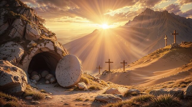 A dramatic and inspirational Easter and Good Friday concept scene set in a peaceful mountainous landscape at dawn. In the foreground, an open and empty rock tomb